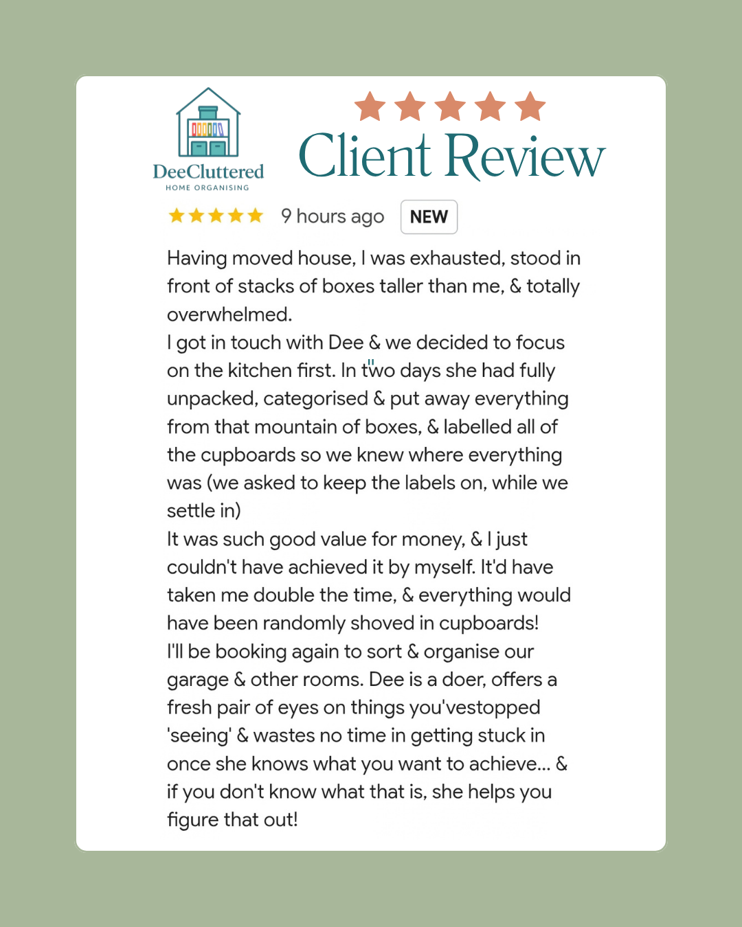 DeeCluttered client review from Amy