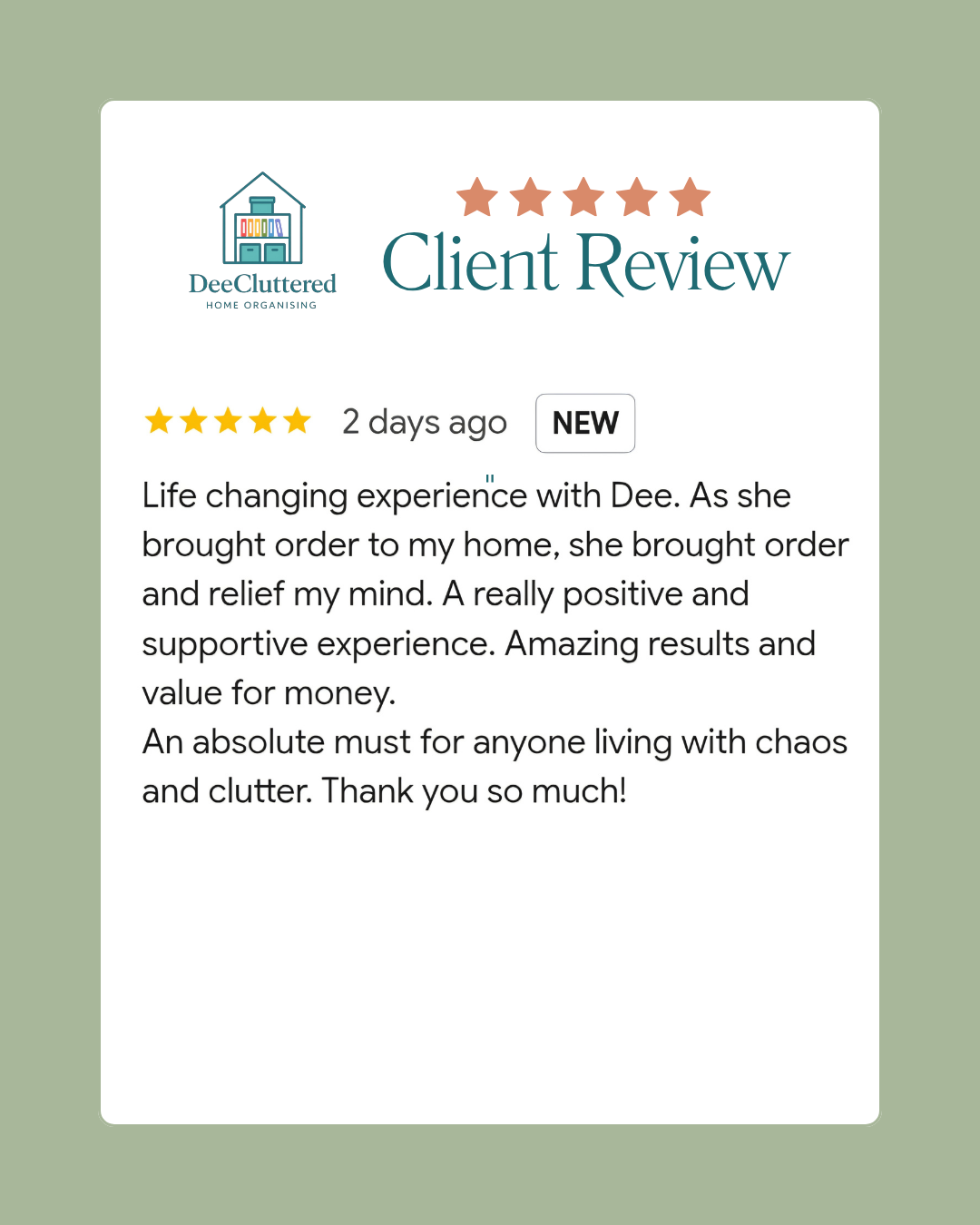 DeeCluttered client review from Caddy