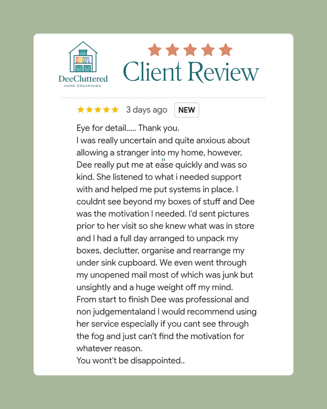 DeeCluttered client review from Natalie