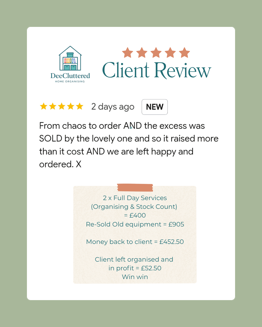 DeeCluttered client review from Tom