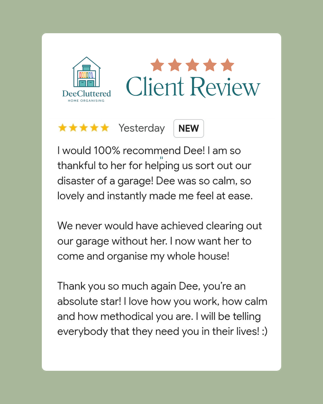 DeeCluttered client review from Tor
